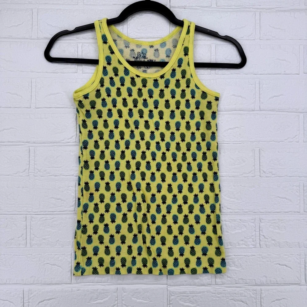 Old Navy Pineapple Tank Top Kids Size L Yellow Ribbed Sleeveless Scoop Neck
